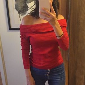 Off the shoulder red sweater